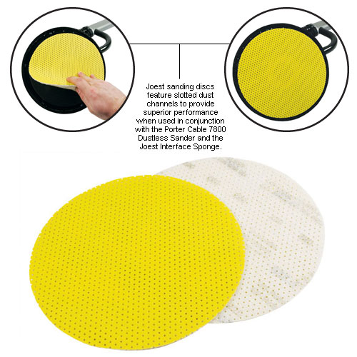Joest sanding discs feature slotted dust channels to provide superior performance when used in conjunction with the Porter Cable 7800 Dustless Sander and the Joest Interface Sponge